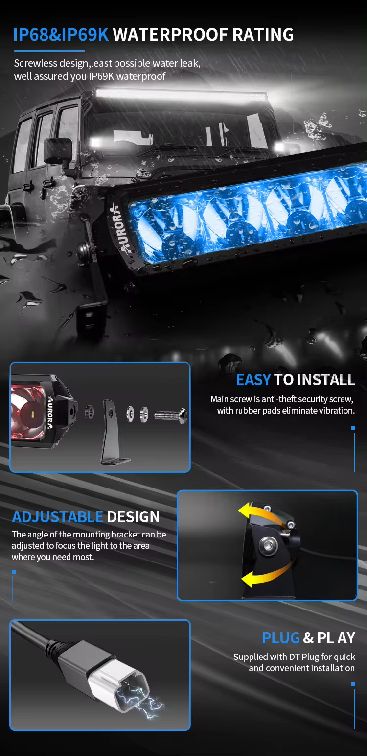 In Stock Aurora Patent Screwless RGB Light Series Dual Row 4X4 Off Road Universal Car LED Light Bar