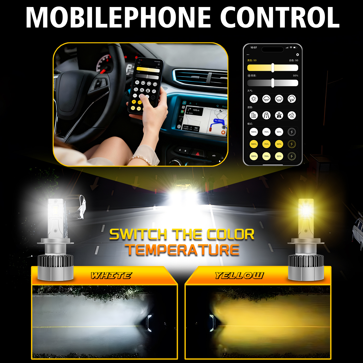 Super Bright 120W APP Controlled LED Headlight H4 H7 H11 9005 9006 9012 880 881 Dual Copper Tube 3 Colors Car Light