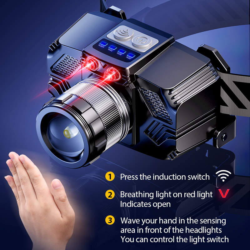 Smart Sensor Headlight Rotate Zoom Good Quality Modern Outdoor 3 Modes Rechargeable Led Head Torch Headlamp