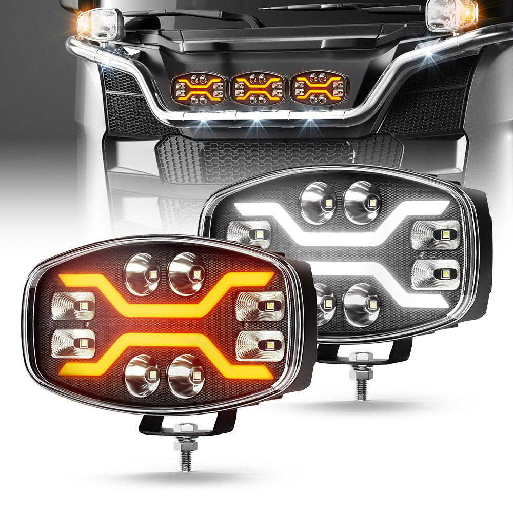 9" LED Work Spotlight Auto Exterior Lighting Combo Beam White Amber Position Lamp For Volvo Men Heavy Truck Driving