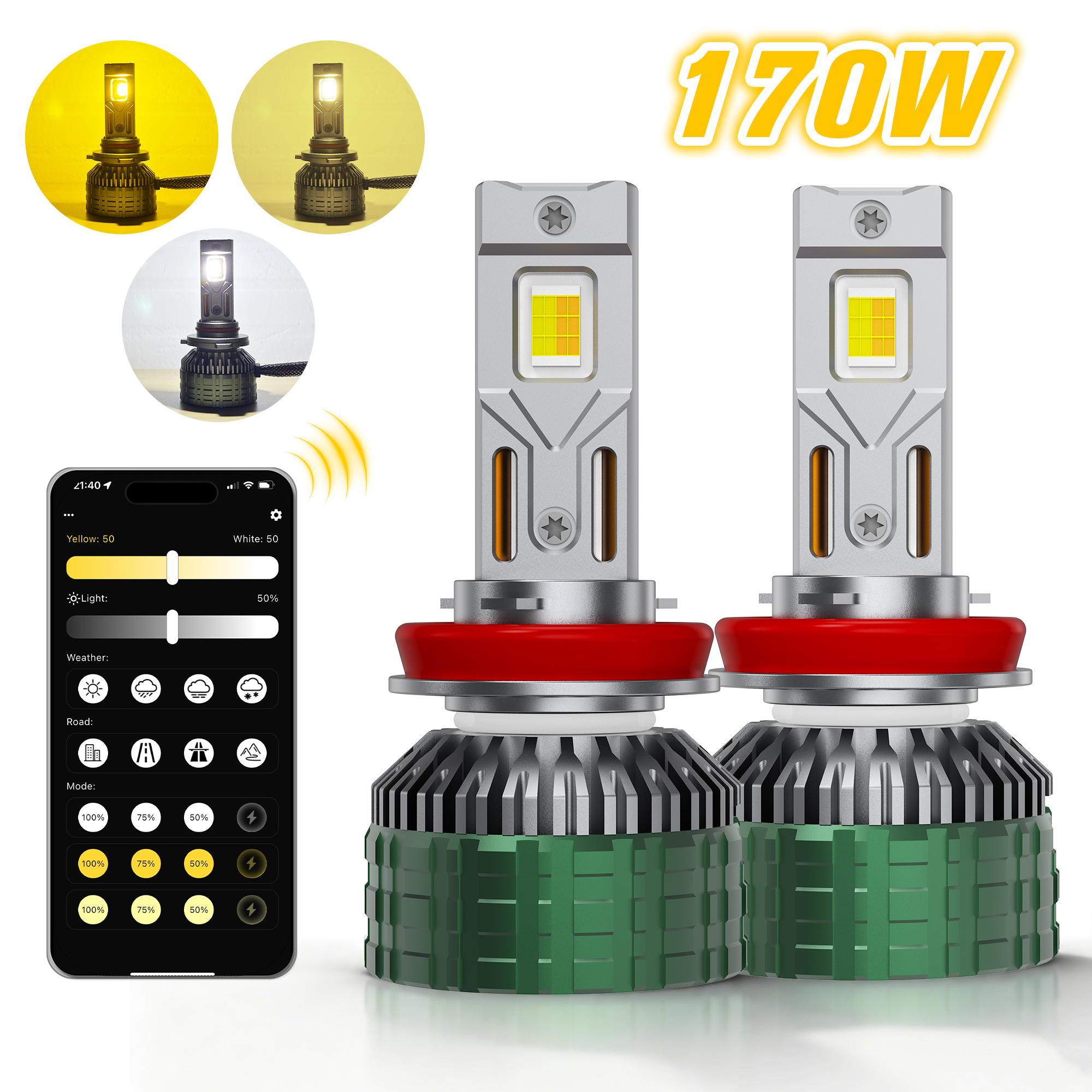Smart RGB APP Control 12V 170W 6500K LED Headlight H9 H11 H8 9005 9006 H16 H7 H4 Dual Copper Tube High/Low Beam Bulb