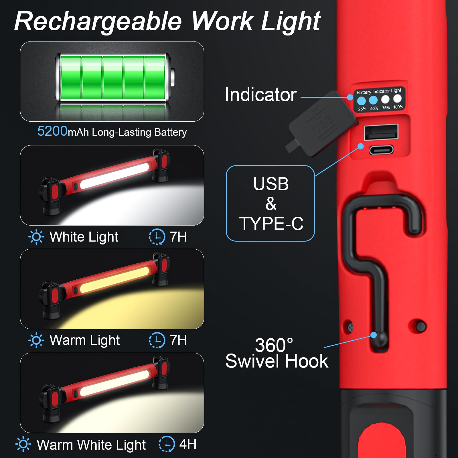 Cob Under Hood Work Light Usb Rechargeable Car Repair Underhood Light Magnetic Work Lamp Led Auto Tool Light