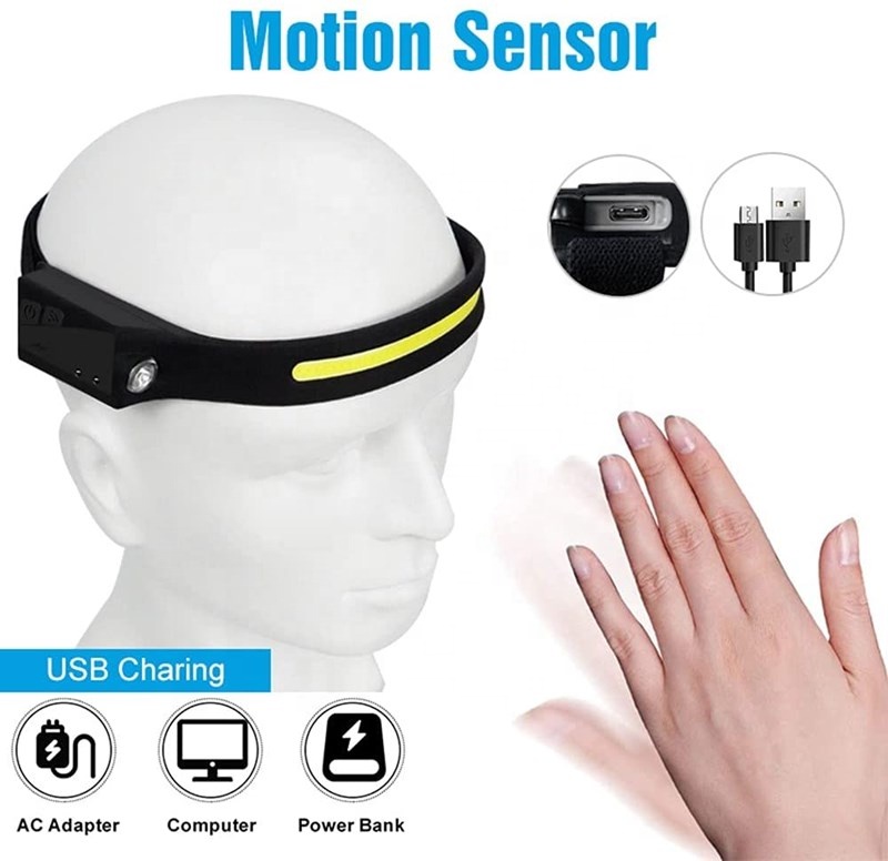 Wason Best Selling Full Vision COB+XPE Silicone Head Lamp Wide Beam TYPE-C Rechargeable Rubber Led Headlamp With Motion Sensor