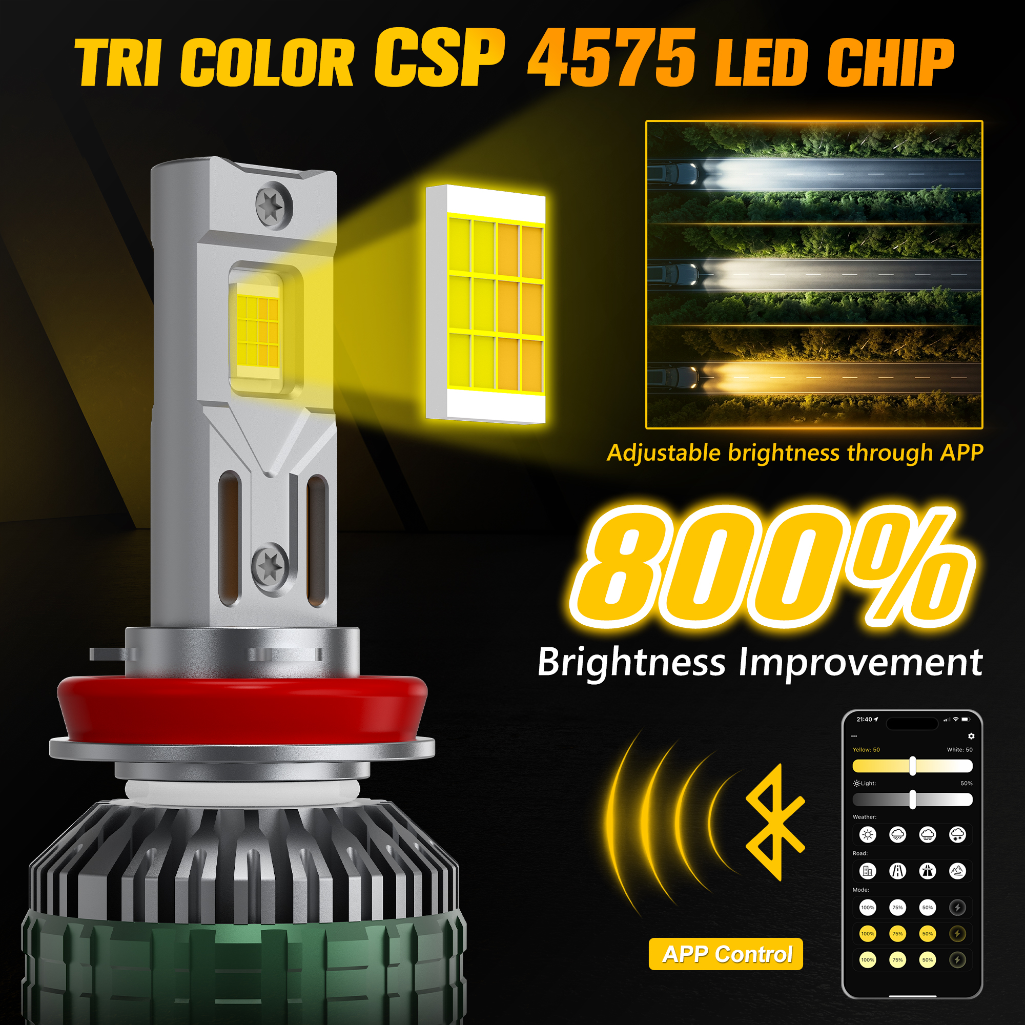 Smart RGB APP Control 12V 170W 6500K LED Headlight H9 H11 H8 9005 9006 H16 H7 H4 Dual Copper Tube High/Low Beam Bulb