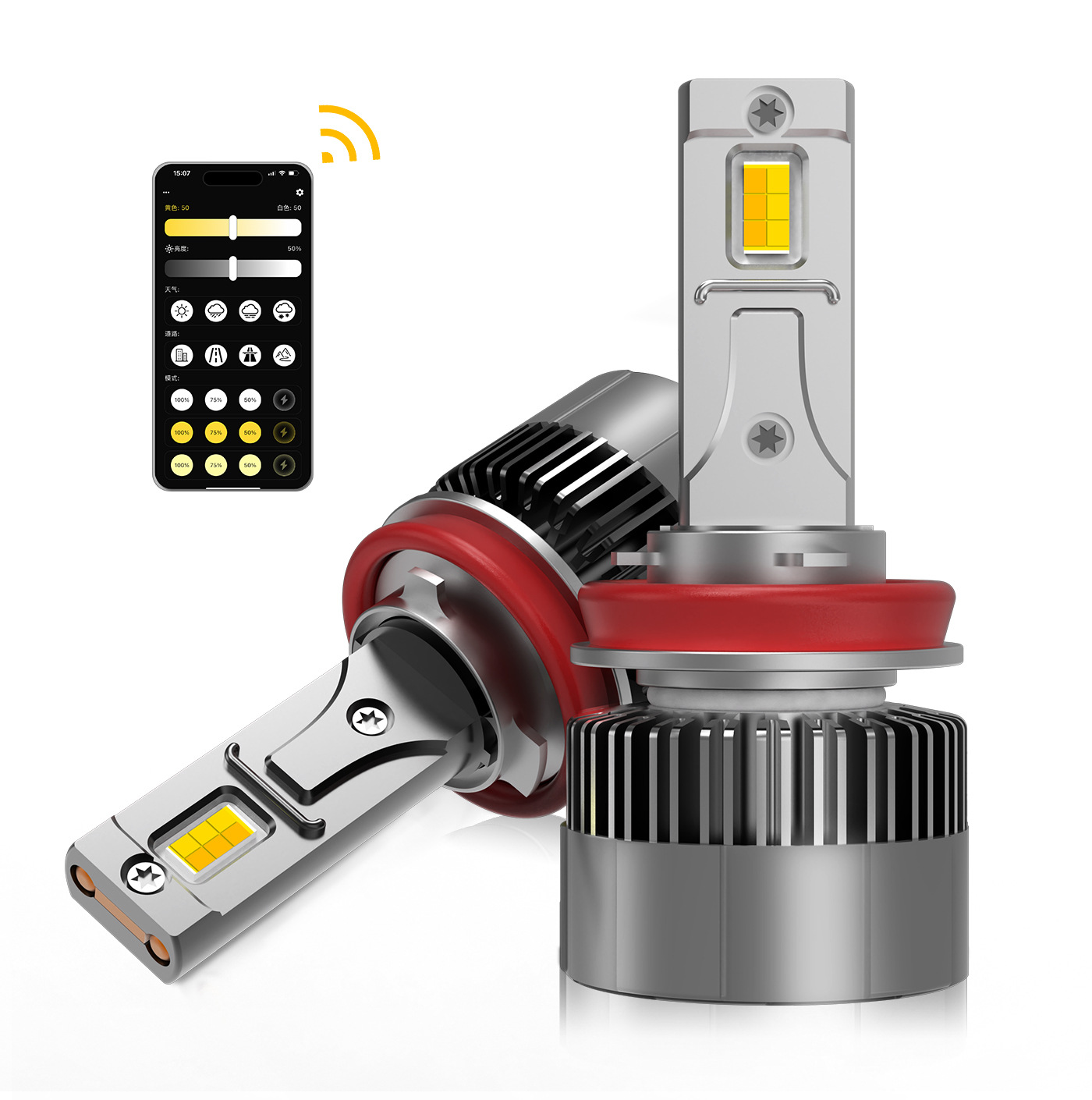 High-Power Smart Three-Color LED Car Headlights &amp; Fog Lights with Phone App Dimming 60W 12V Universal Fitment H4/H11/H7