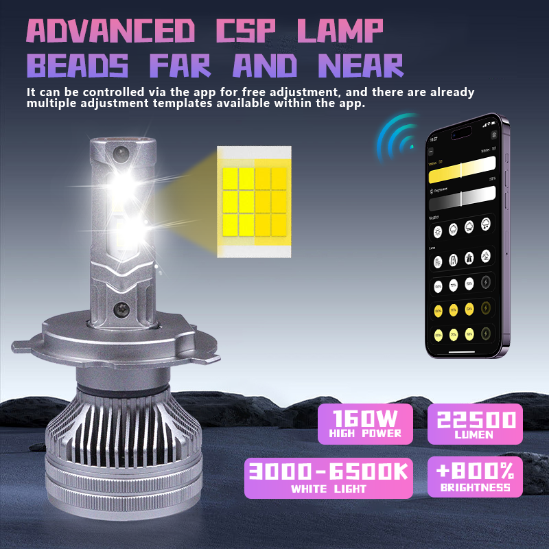 OEM 160W 16000LM Smart App Control Ai Car Led Light Tri Color Temperature H1 H11 H4 Led Bombillos Lamp H7 Led Headlight Bulb