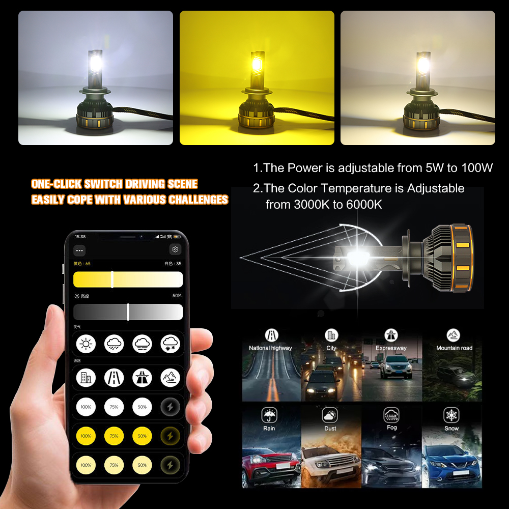 NEW V7 MAX Upgraded Version 100w 10000lm Adjustable Led Headlight Tri Color H1 H7 H11 H4 9005 9012 App Control for Universal Car