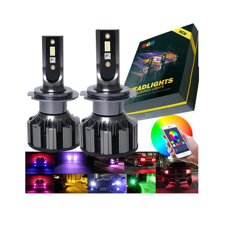 DC 12V Car LED RGB APP Intelligent Control Fog Lights Bulbs H7 H4 8000LM 6500K IP67 80W Headlight