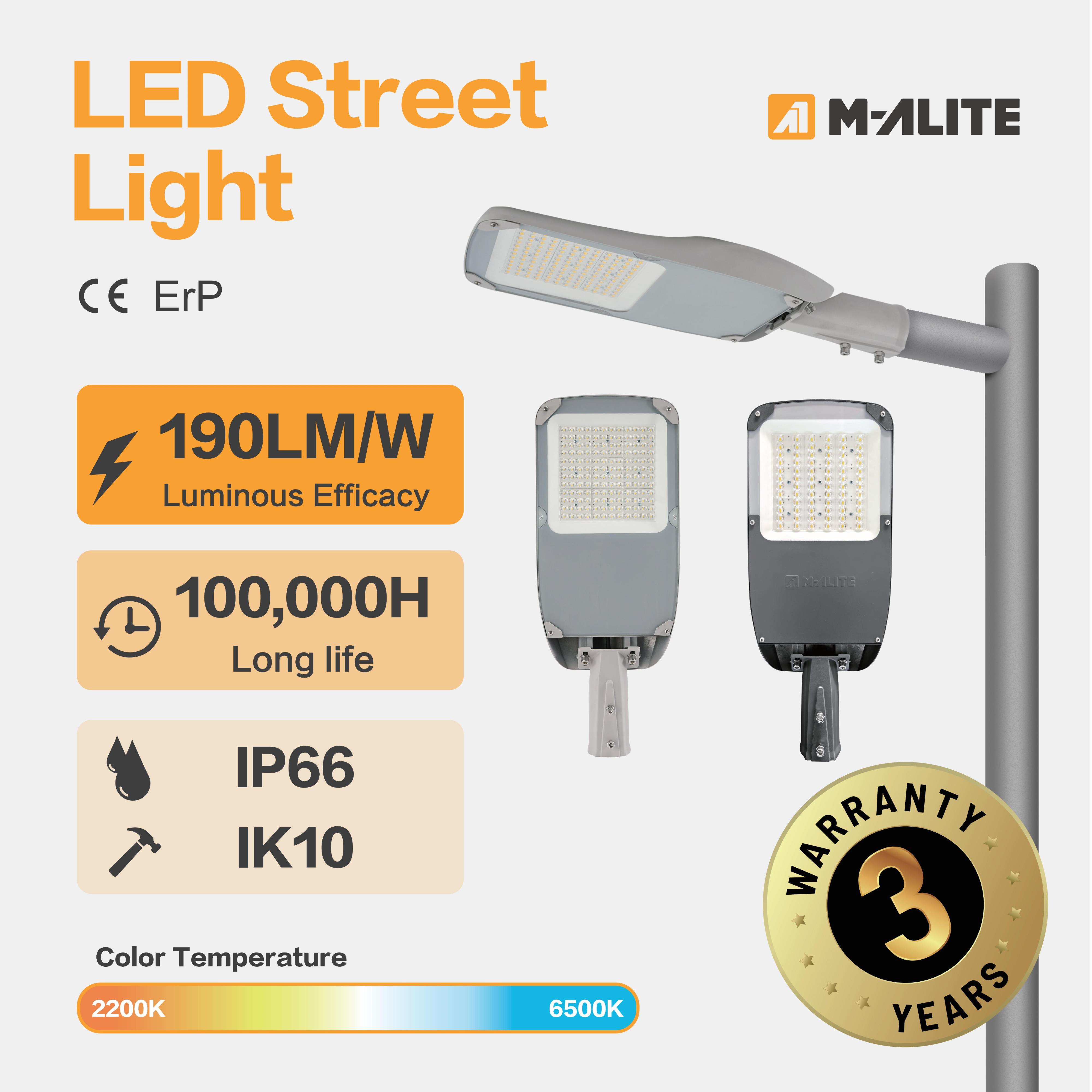 Advanced IP66 IK10 190lm High Efficacy LED Street Light for Roadway Highway Street Parking and Public Area