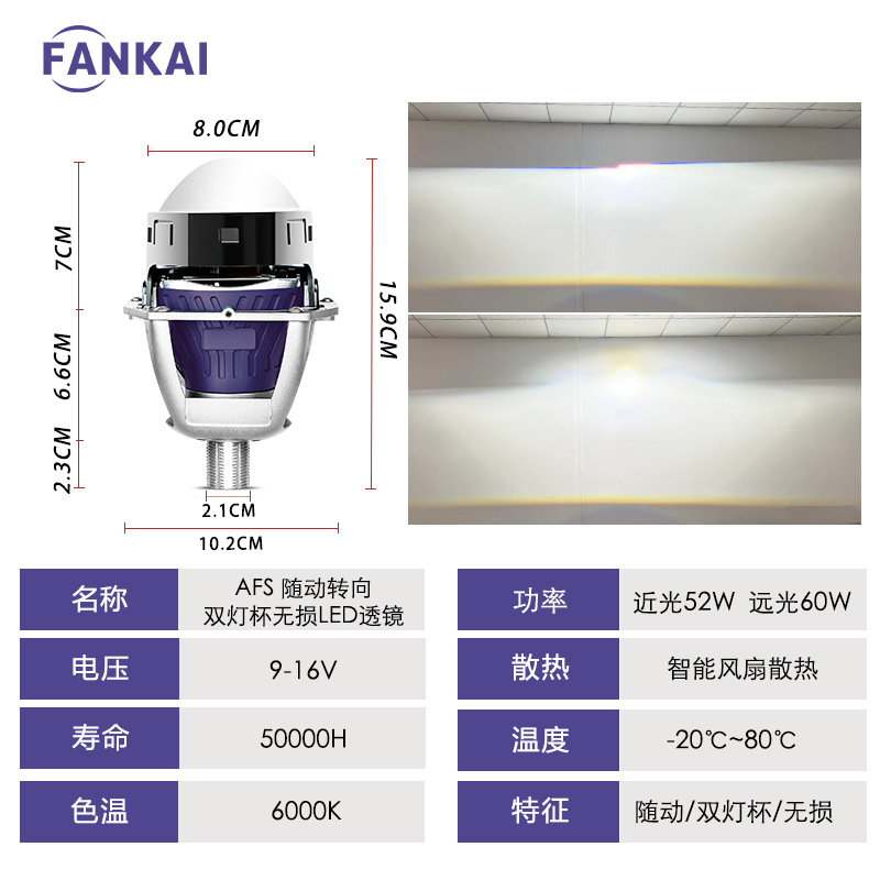 3-Inch Aluminum Bi-Xenon LED Projector Headlights AFS Adaptive Cornering System 60W High-Power Integrated High Low Beam Lossless