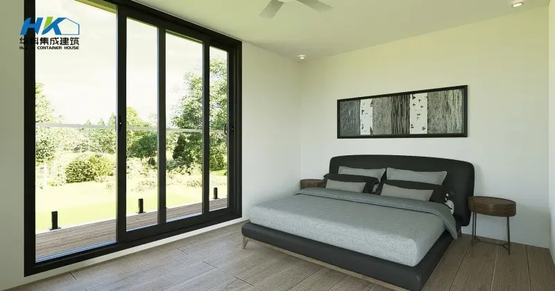 High ceiling minimalist bedroom interior