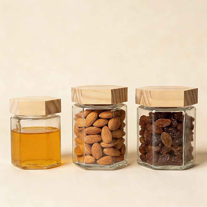 Different Sizes Glass Jam Jelly Soup Honey Jar Glass Hexagon Jar for Food with Bamboo Lids