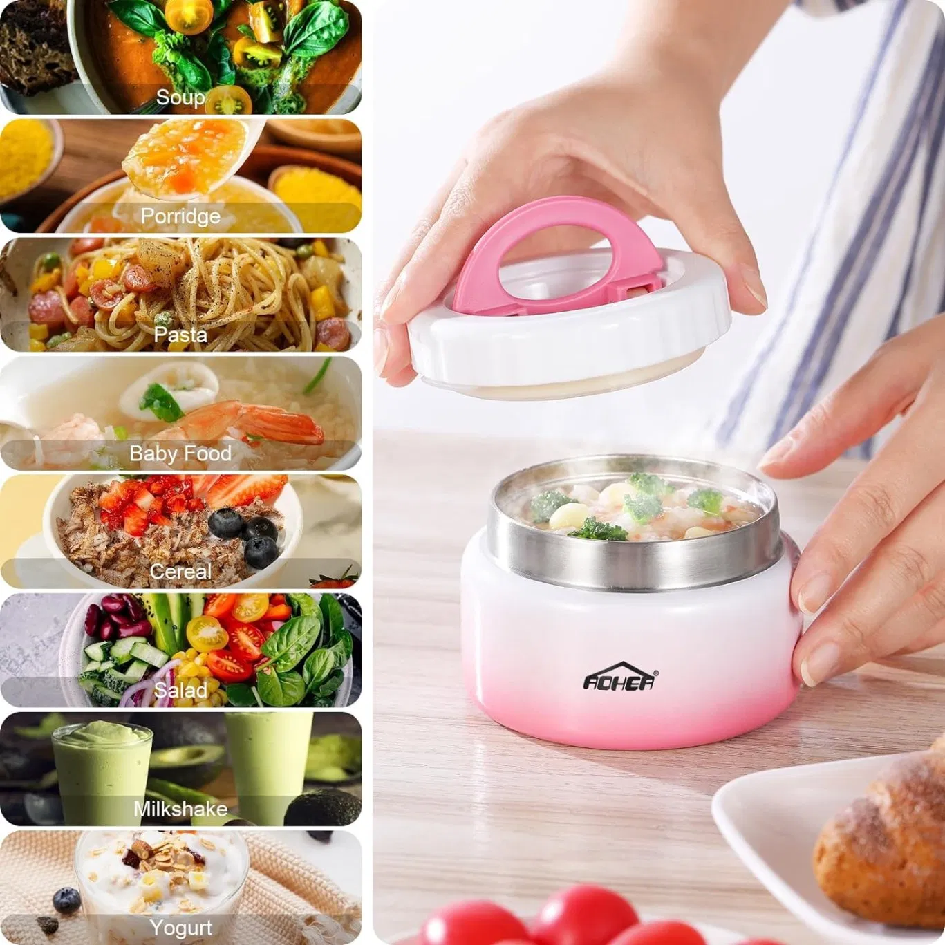 Aohea Thermal Food Jar Vacuum Insulated Food Jar Wide Mouth Soup with Folding Spoon Thermal Lunch Containers for Kids Adults Leak Proof