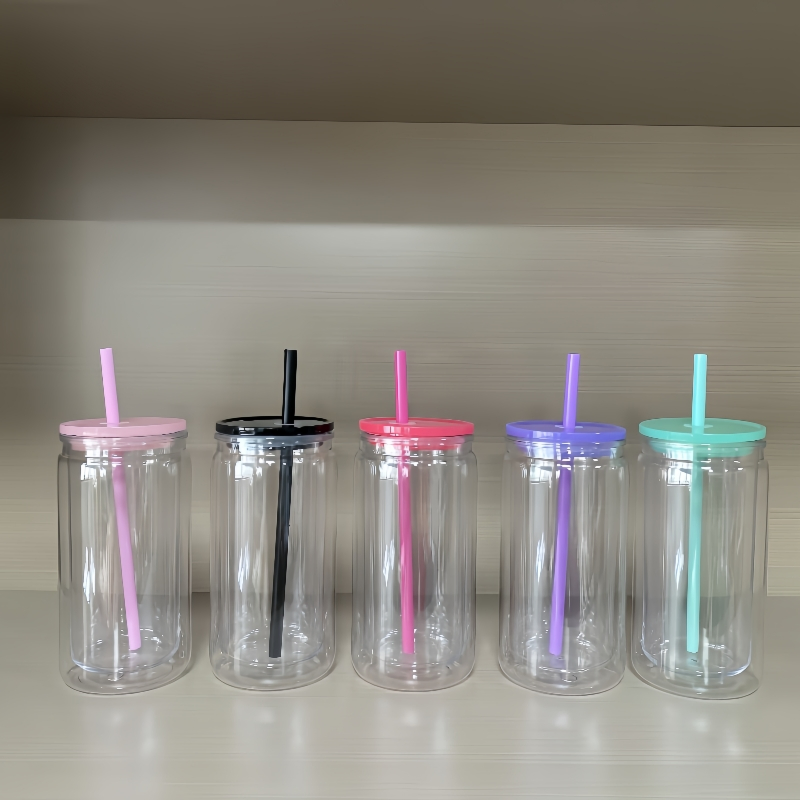 Pre-Drilled Tumblers Double Wall Snow Globe Coffee Cups with Colorful Lid and Straw 16oz Plastic Can Snow Globe Tumbler