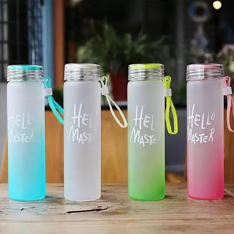Wholesale Gift Letter Bottle Colorful Frosted Portable Drinking Cheap Glass Water Bottle with Lid