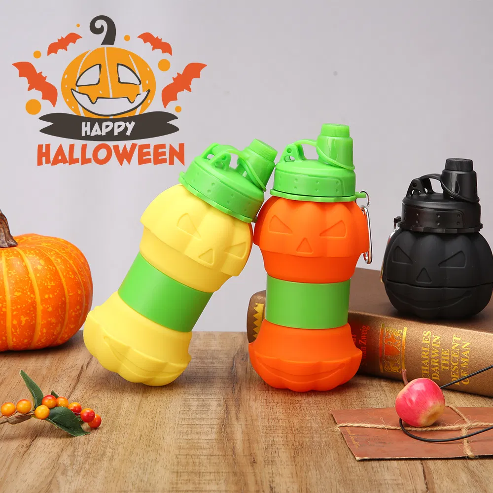 Hot Selling Eco Friendly Halloween Creative Water Bottle Reusable BPA Free Foldable Silicone Collapsible Water Bottle for Travel Gym Camping