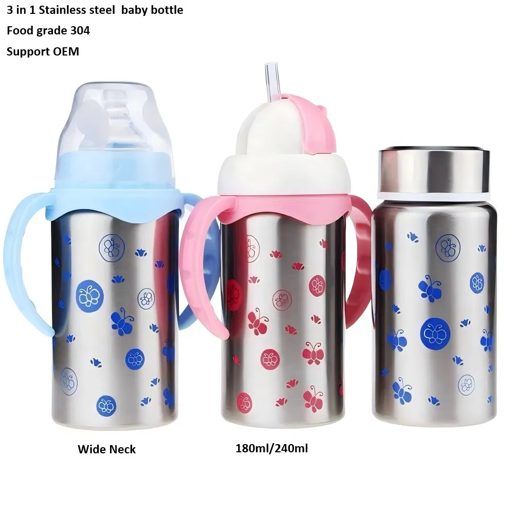 3 in 1 Travel Insulated Cup, 304 Stainless Steel Baby Bottle, Silicone Straw Steel Water Bottle 180ml Insulated Bottles for Kids, Customized Baby Products