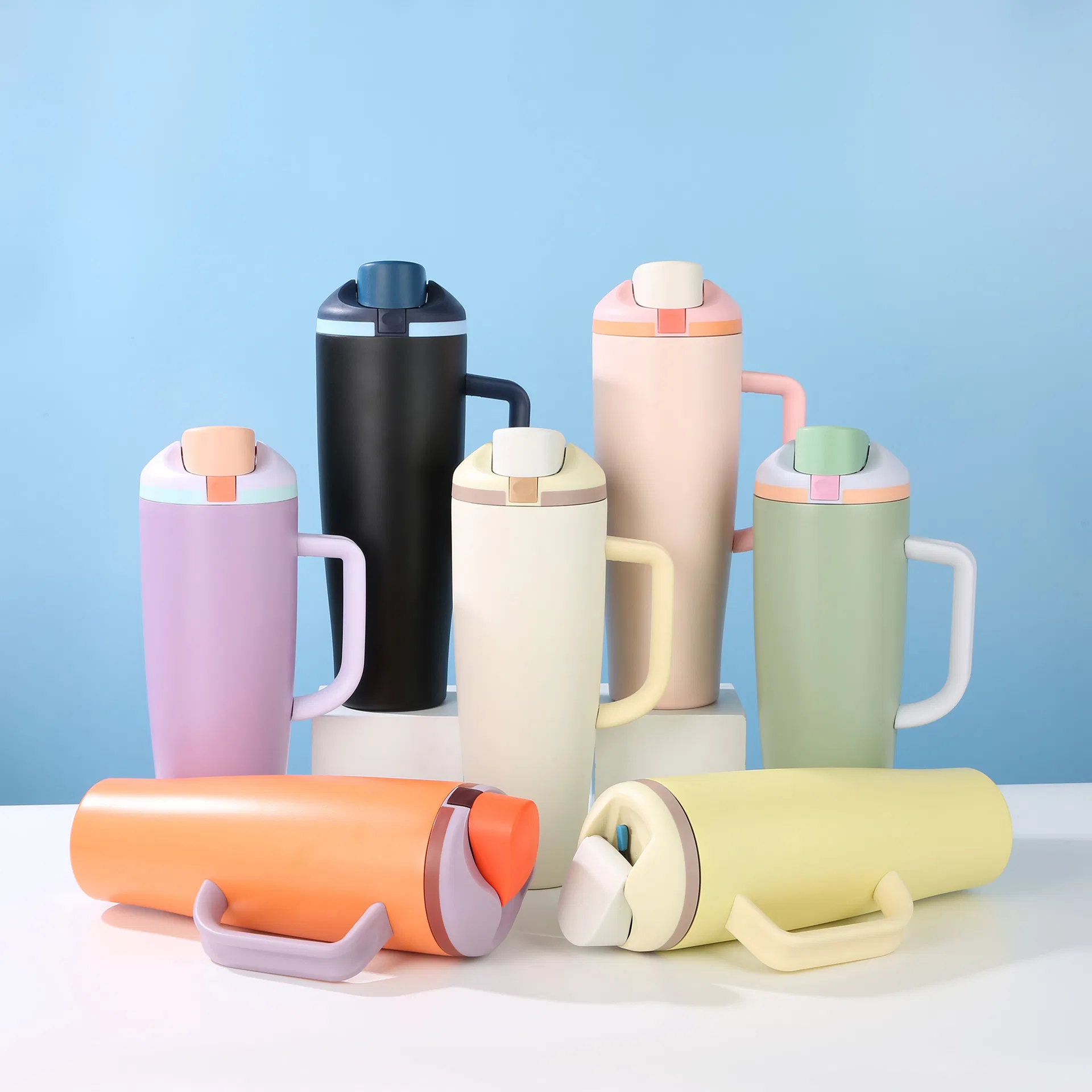 40oz Leak Spill Proof Bounce Lid Tumbler Portable Double Vacuum Flask Wall Stainless Steel Thermo Tumbler Cup Mug Water Bottle with Handle Flip Lid