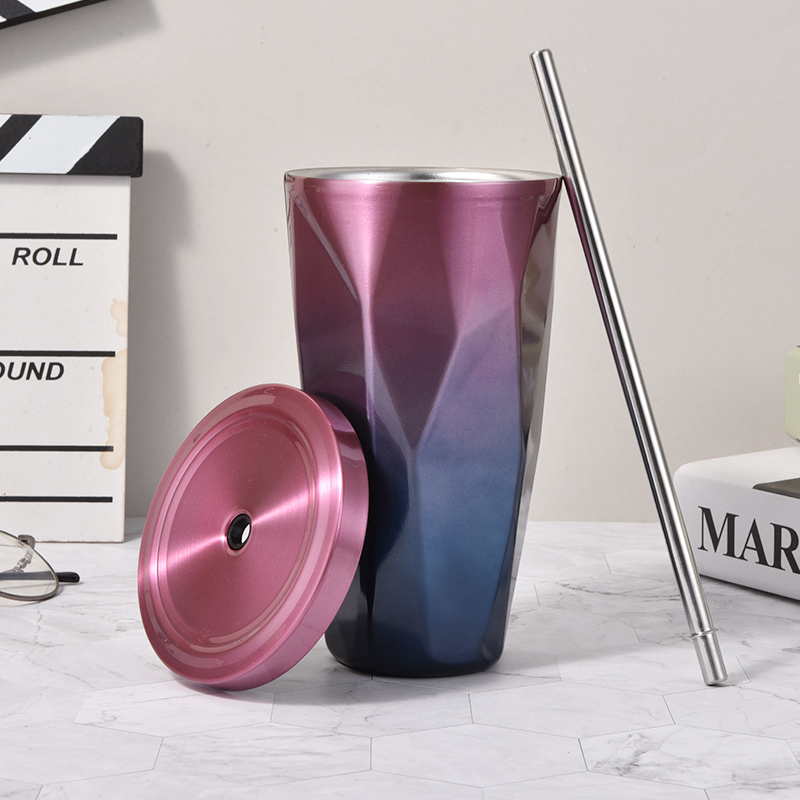 500ml Double Wall Stainless Steel Juice Cup Travel Tumbler with Straw Pipe