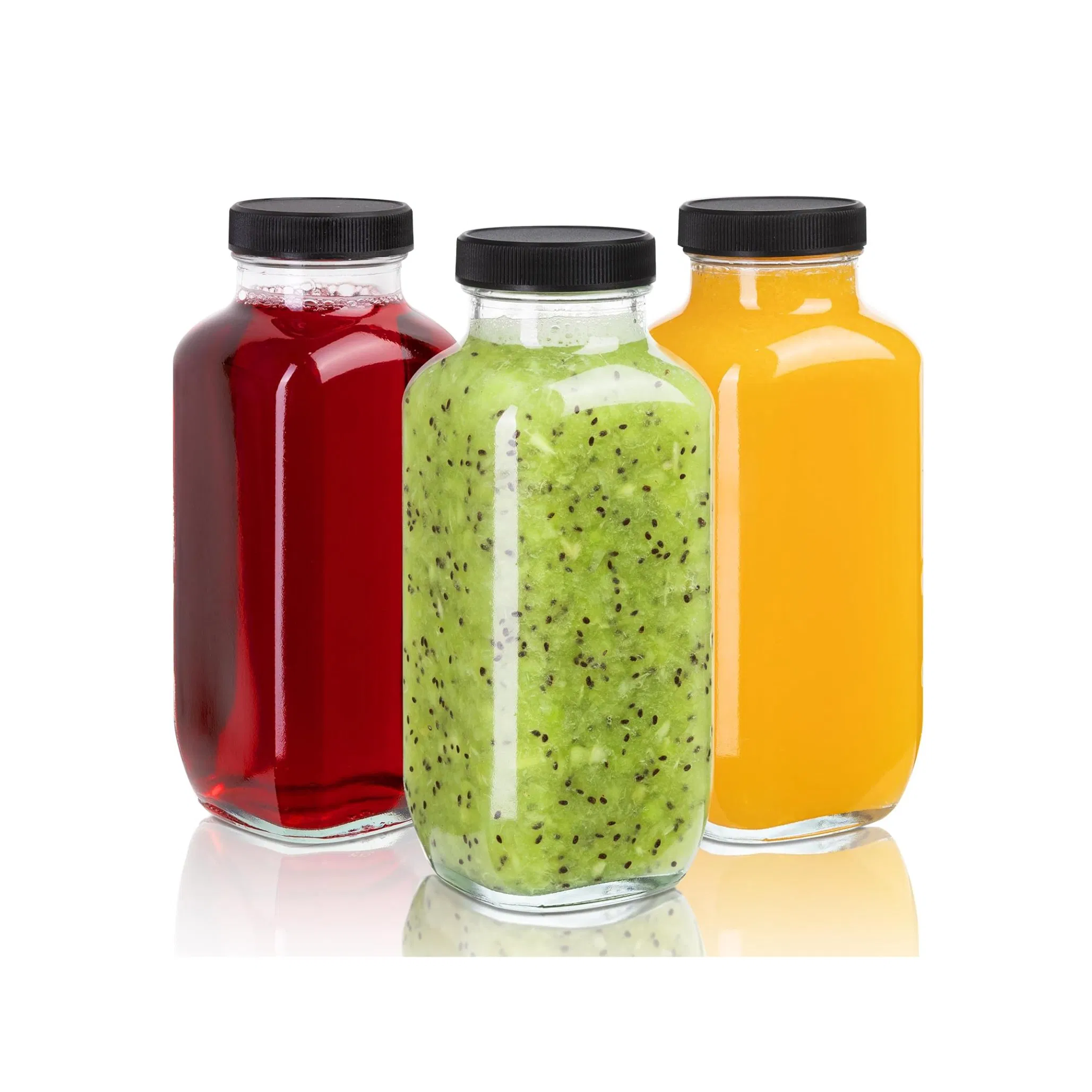 Clear French Square Juice Glass Bottles 16oz 100ml 300ml 32oz 250ml 12oz Glass Bottles for Juicing Smoothies Water Milk with Lids