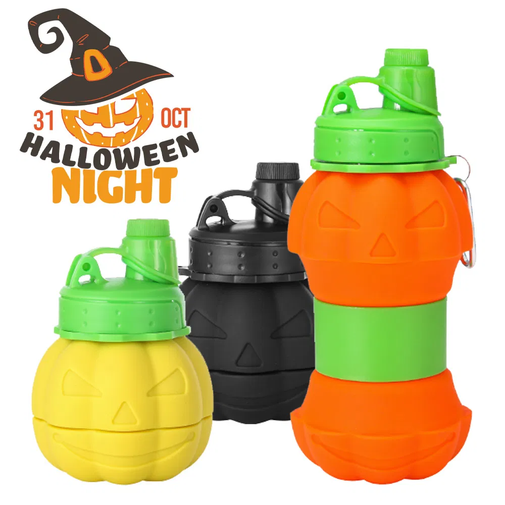 Hot Selling Eco Friendly Halloween Creative Water Bottle Reusable BPA Free Foldable Silicone Collapsible Water Bottle for Travel Gym Camping