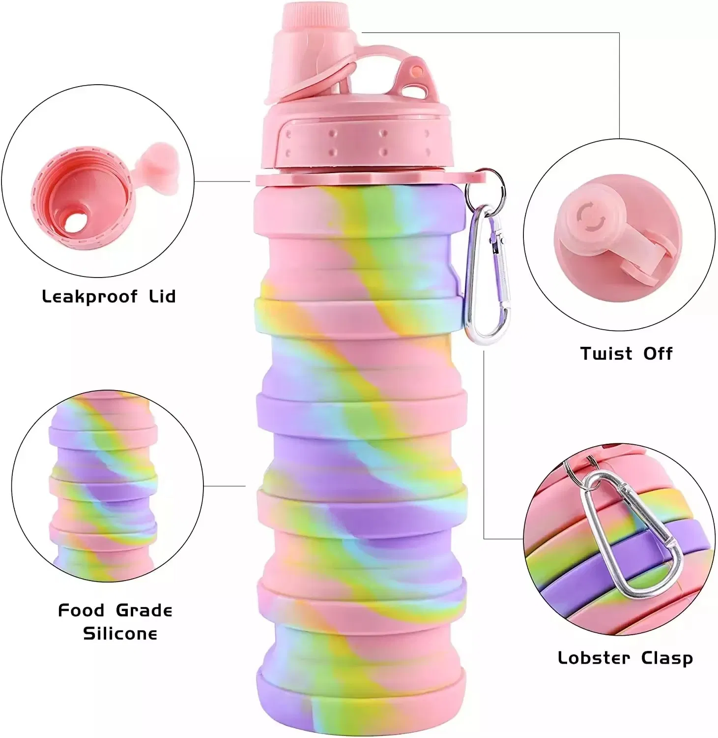 500ml Silicone Collapsible Leak Proof Sports Water Bottles BPA Free Portable Water Bottle