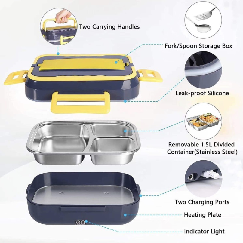 Portable 2-in-1 Electric Lunch Box Stainless Steel Thermal Food Container with Carry Bag