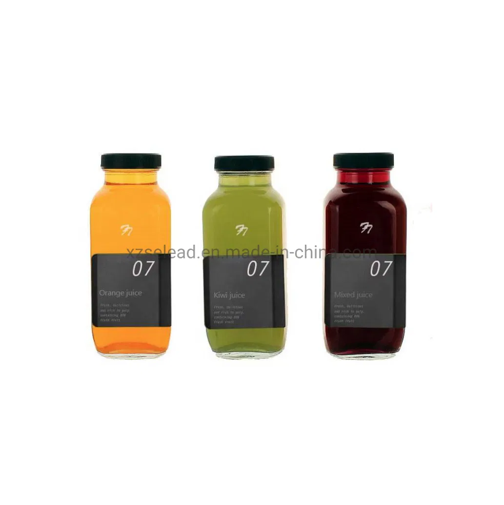 Clear French Square Juice Glass Bottles 16oz 100ml 300ml 32oz 250ml 12oz Glass Bottles for Juicing Smoothies Water Milk with Lids
