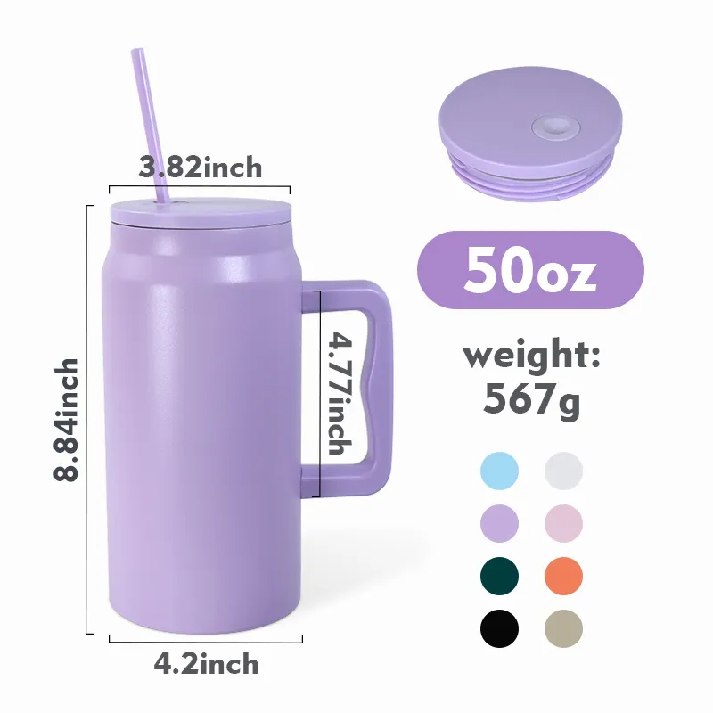50 Oz Mug Tumbler with Handle and Straw Lid Reusable Insulated Stainless Steel Large Travel Jug Gifts for Him &amp; Her