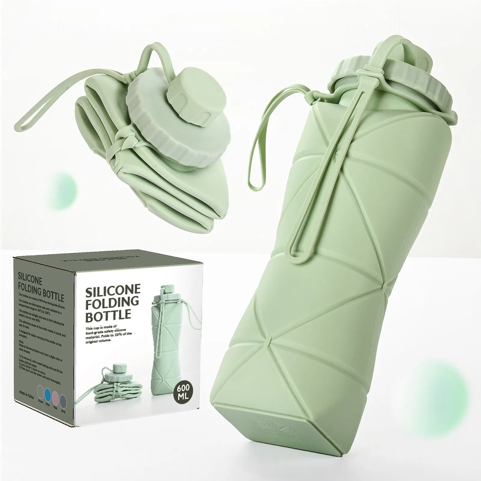 20oz 600ml Reusable Leakproof Silicone Collapsible Water Bottle for Traveling Camping