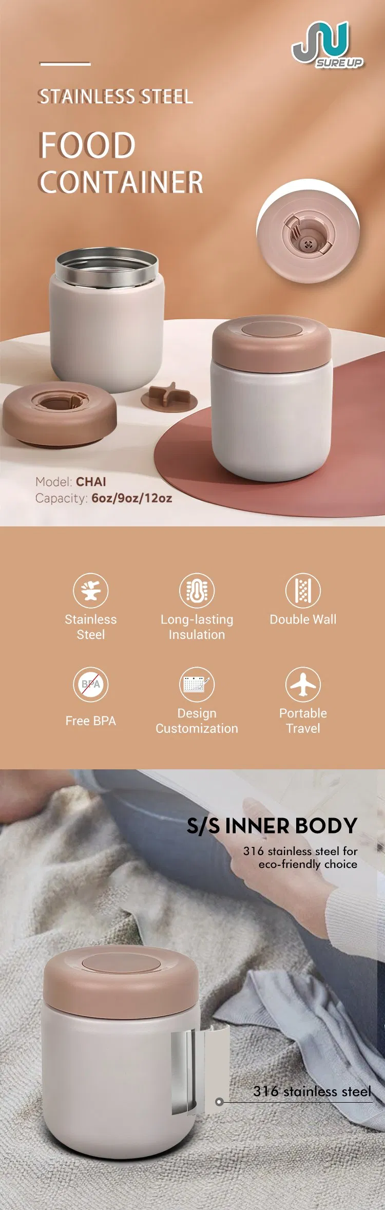 Custom Leak Proof Thermal Food Jar Container