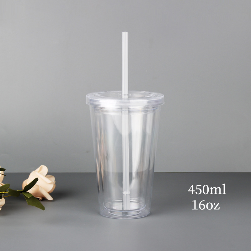 Custom Logo 16oz Reusable Plastic Coffee Tumbler Cup with Straw