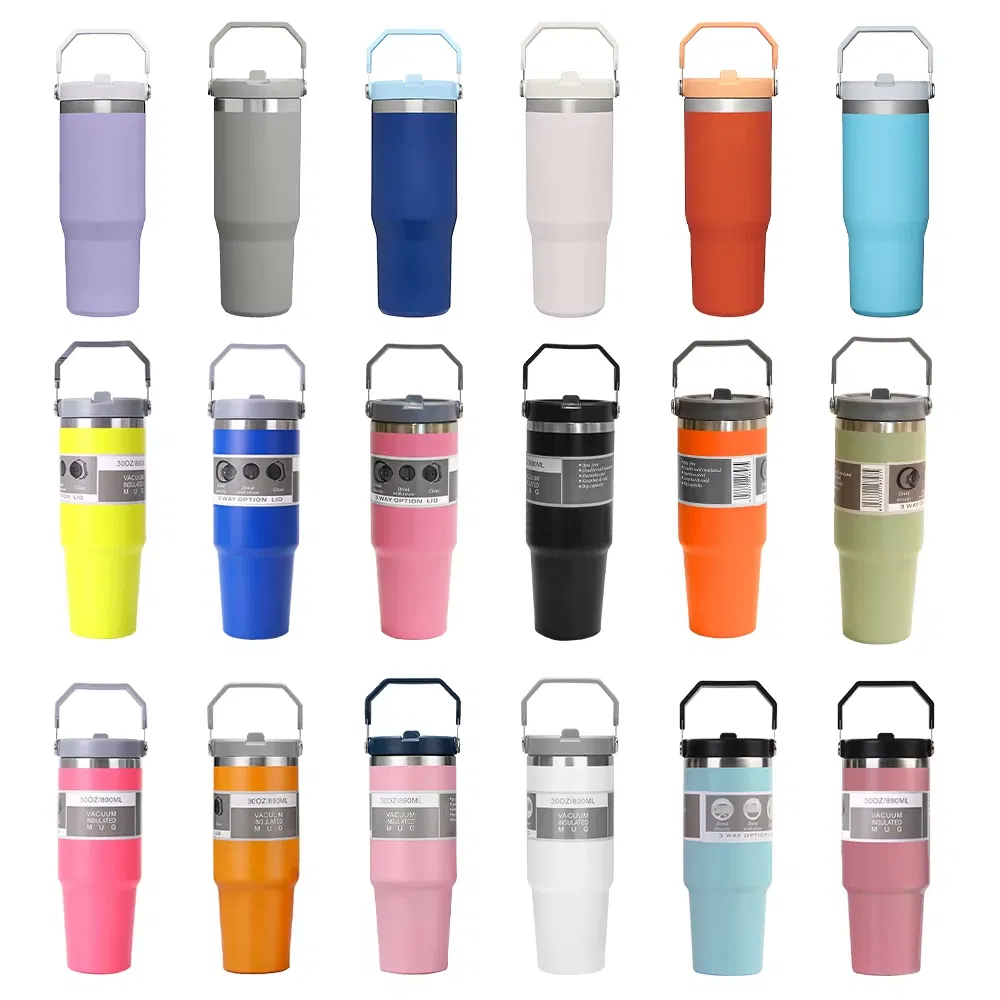 Portable 20oz 30oz Outdoor Leakproof Stainless Steel Flip Straw Insulated Travel Coffee Cup Tumbler with Handle