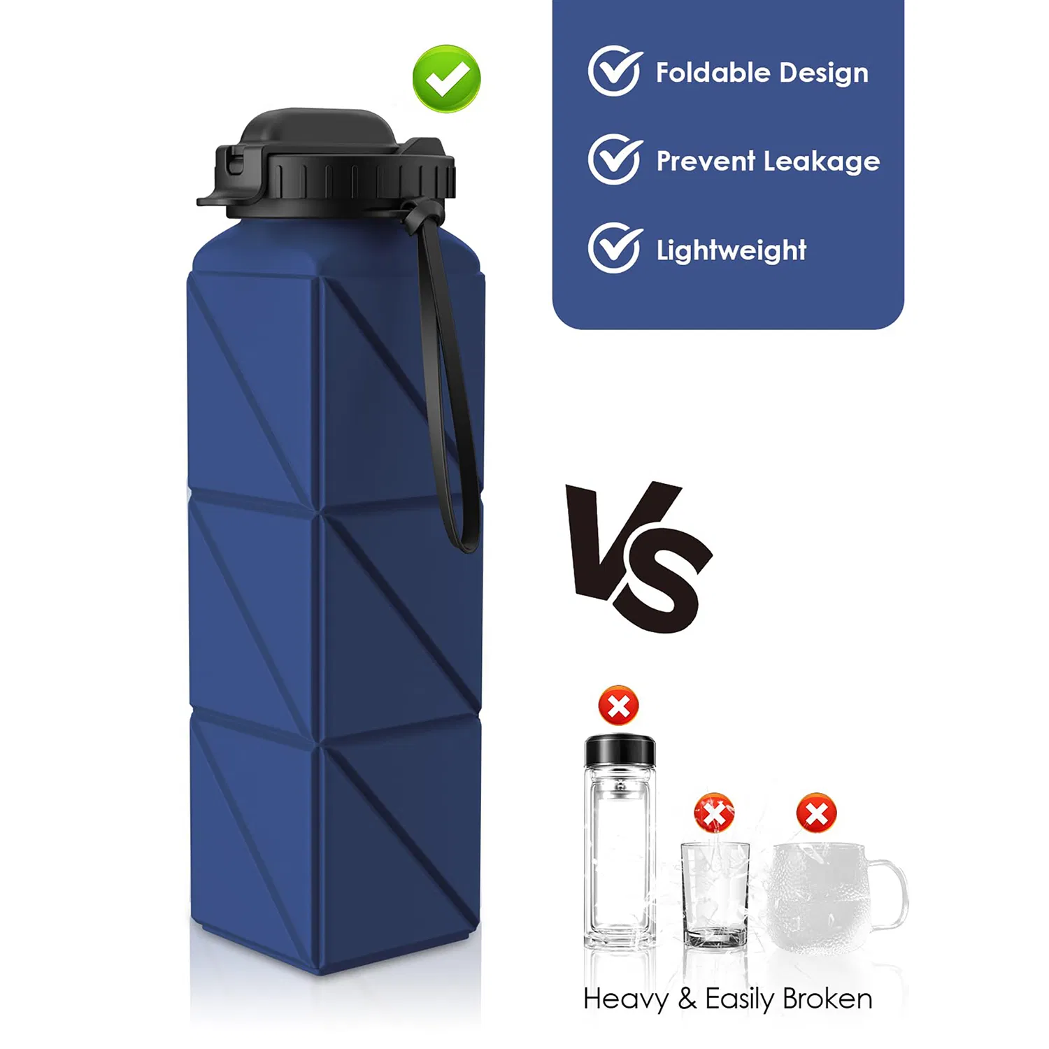 Collapsible Water Bottles, BPA-Free Silicone Foldable Water Bottle with Straw Strap 20.6oz, Leak-Proof Durable Lightweight Bottle for Gym, Travel, Camping, Hiki