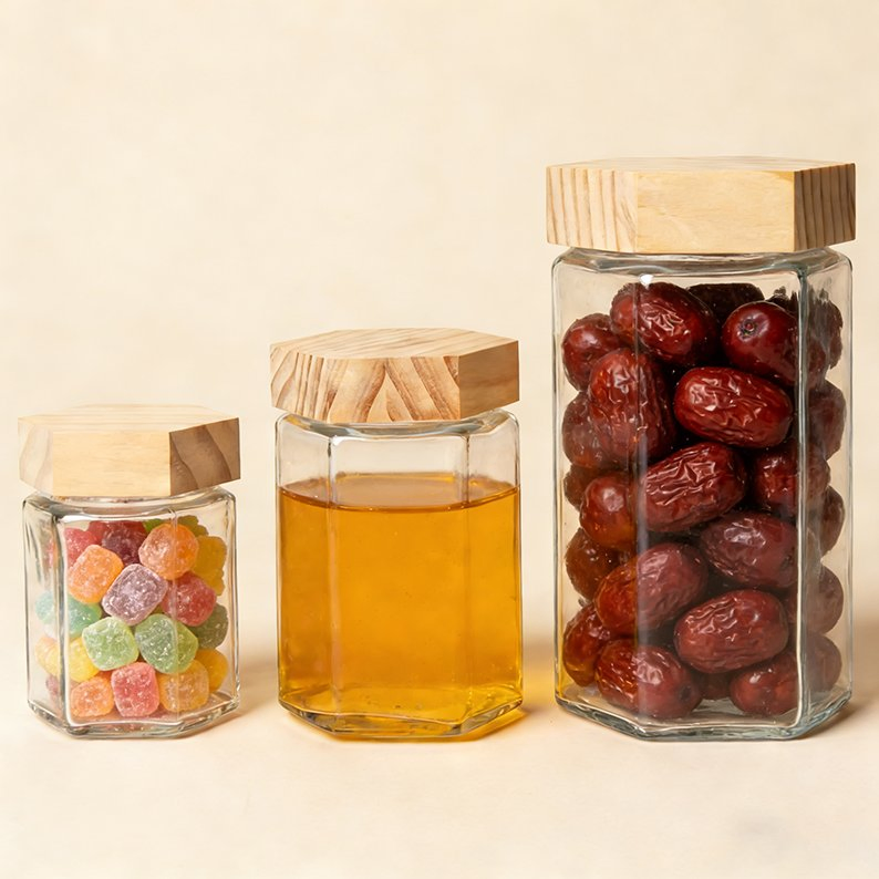 Different Sizes Glass Jam Jelly Soup Honey Jar Glass Hexagon Jar for Food with Bamboo Lids