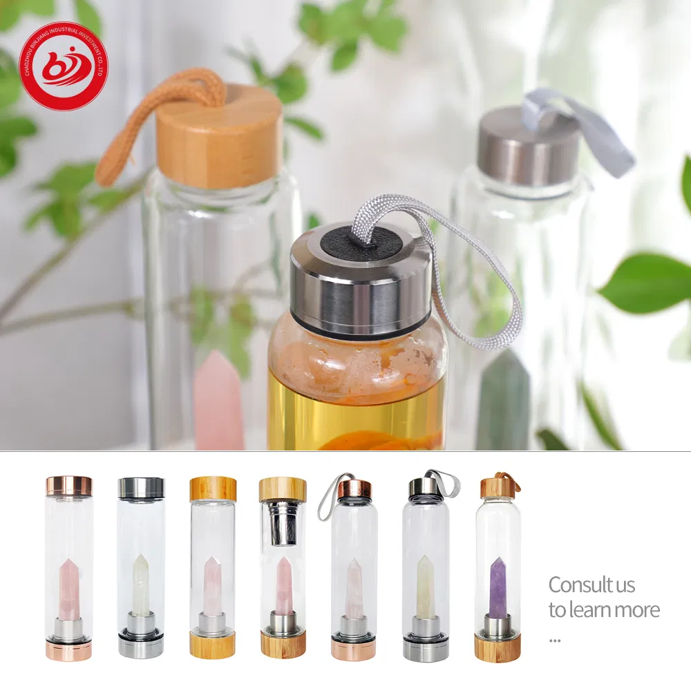 Natural Christmas Gift Crystal Quartz Infused Glass Water Bottle Bamboo Stainless Steel Lid Gemstone Water Bottle with Crystal