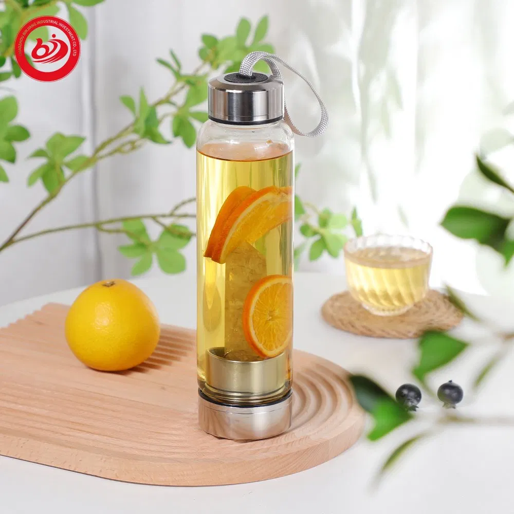 Natural Christmas Gift Crystal Quartz Infused Glass Water Bottle Bamboo Stainless Steel Lid Gemstone Water Bottle with Crystal