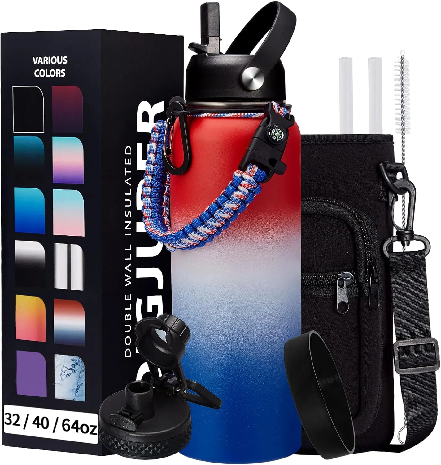 Customized Large Capacity Double Wall Stainless Steel 40oz Wide Mouth Water Bottle Wholesale Paracord Bottle Sport Thermo Jug Vacuum Flask with Handle