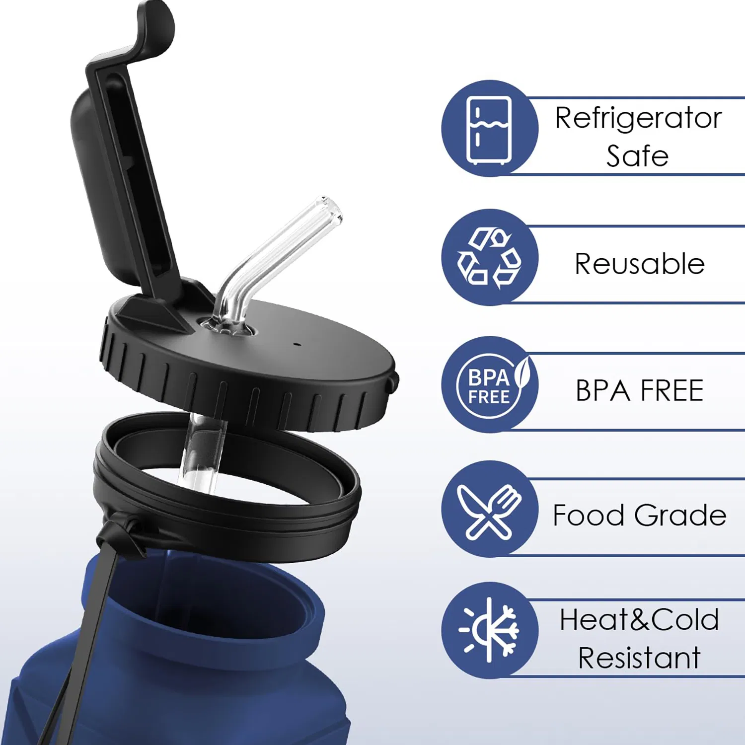 Collapsible Water Bottles, BPA-Free Silicone Foldable Water Bottle with Straw Strap 20.6oz, Leak-Proof Durable Lightweight Bottle for Gym, Travel, Camping, Hiki