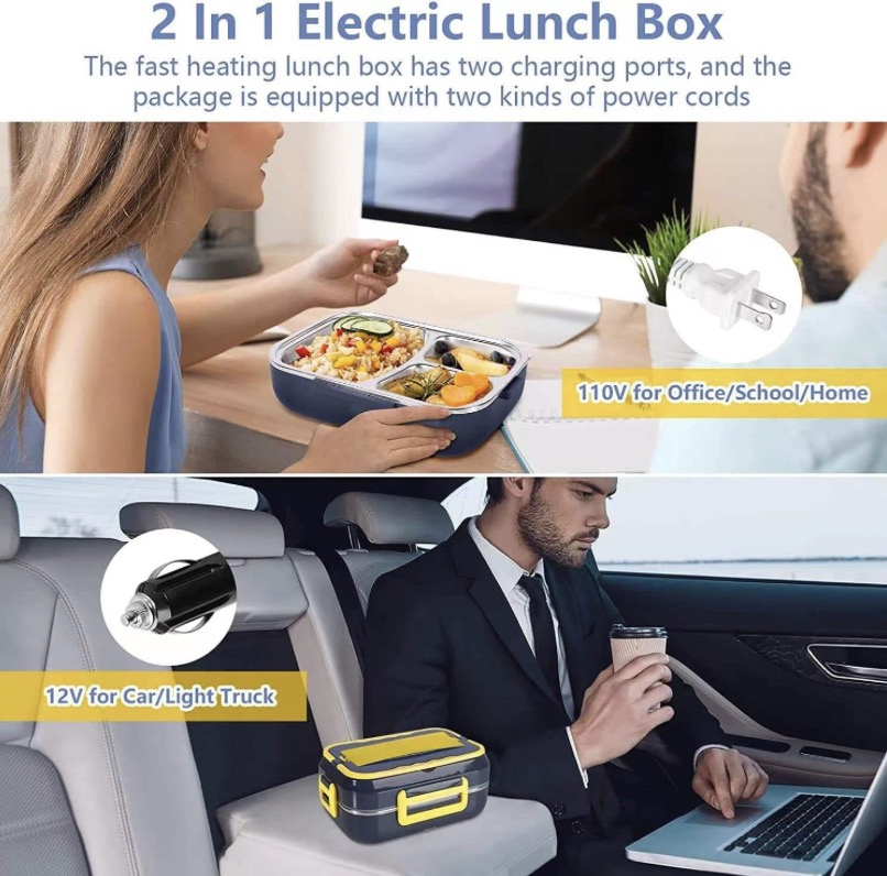 Portable 2-in-1 Electric Lunch Box Stainless Steel Thermal Food Container with Carry Bag