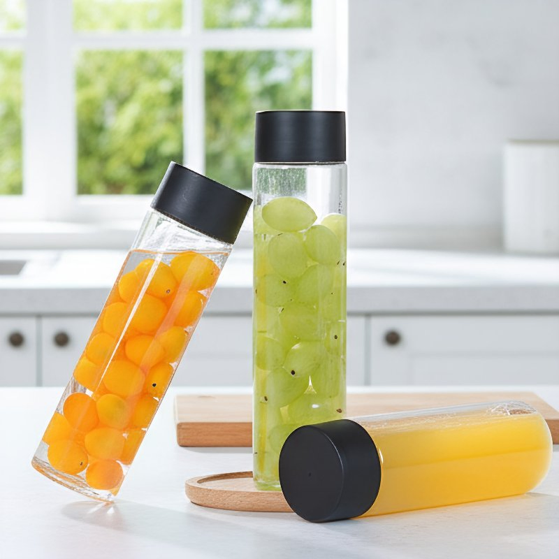 250ml 300ml 400ml 500ml 800ml Customized Voss Shape Beverage Glass Water Bottle with Plastic Screw Cap