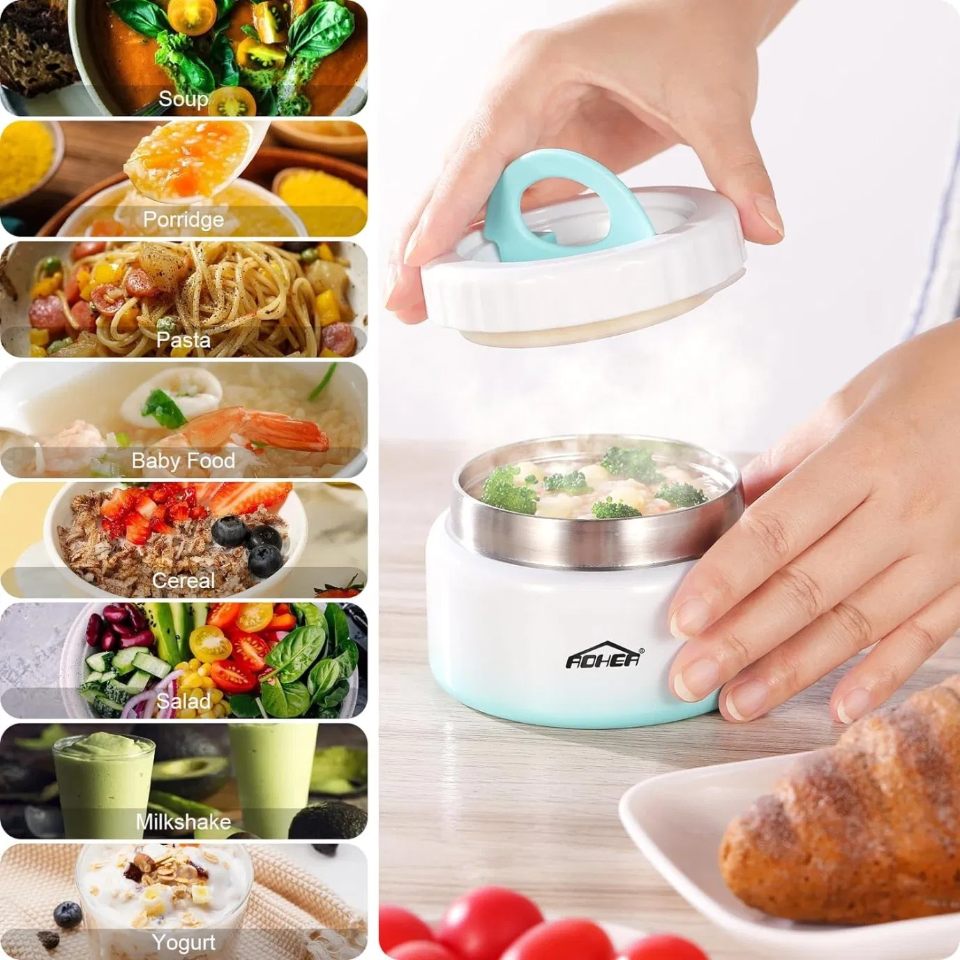 Aohea Thermal Food Jar Vacuum Insulated Food Jar Wide Mouth Soup with Folding Spoon Thermal Lunch Containers for Kids Adults Leak Proof