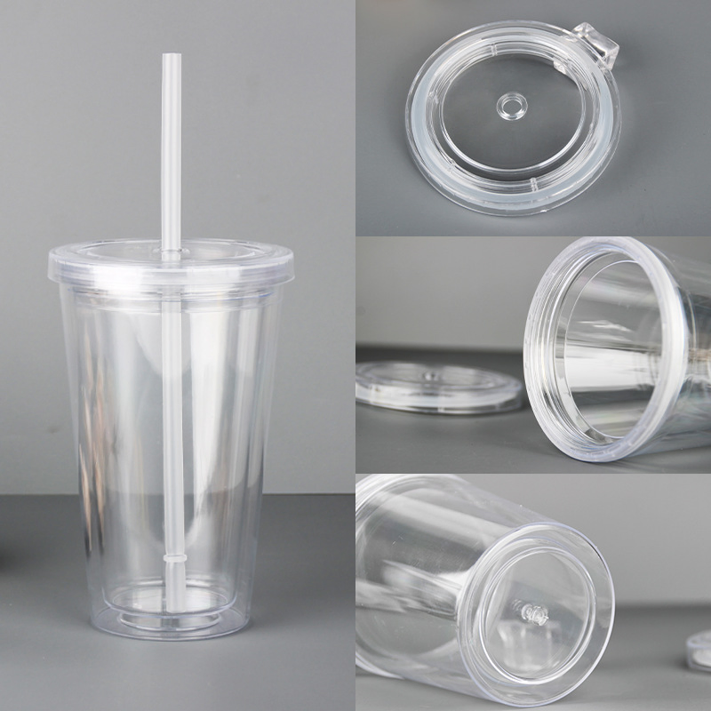Custom Logo 16oz Reusable Plastic Coffee Tumbler Cup with Straw