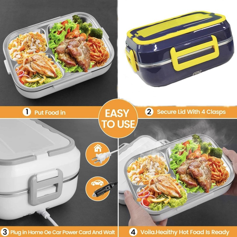 Portable 2-in-1 Electric Lunch Box Stainless Steel Thermal Food Container with Carry Bag
