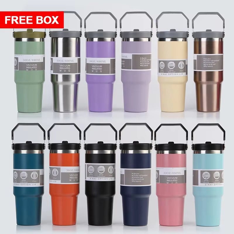 Portable 20oz 30oz Outdoor Leakproof Stainless Steel Flip Straw Insulated Travel Coffee Cup Tumbler with Handle