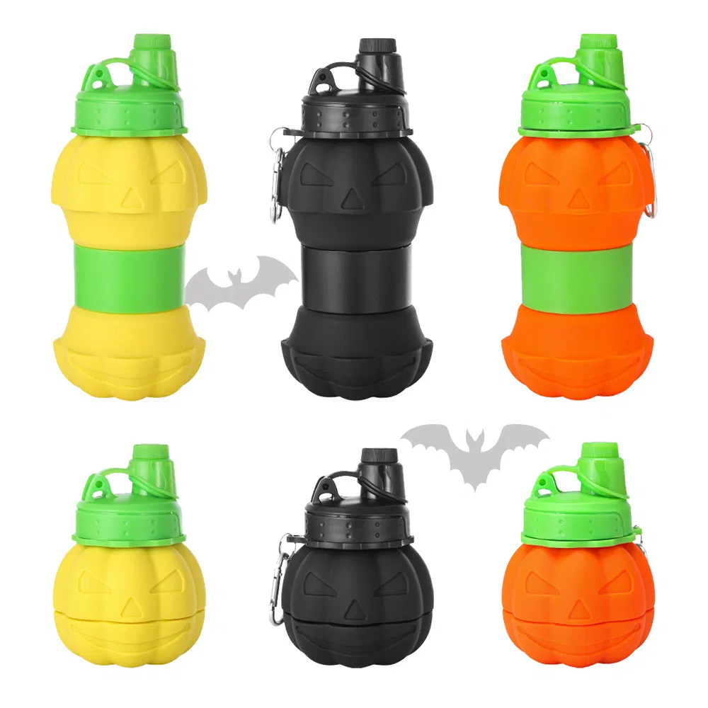 Hot Selling Eco Friendly Halloween Creative Water Bottle Reusable BPA Free Foldable Silicone Collapsible Water Bottle for Travel Gym Camping