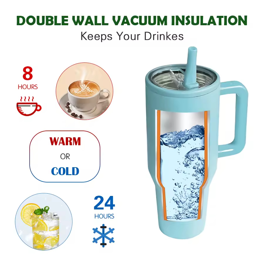 Wholesale Custom Logo Stainless Steel Leak Proof Tumbler Vacuum Insulated Coffee Mug 30oz 40oz Flip Straw Tumbler with Handle