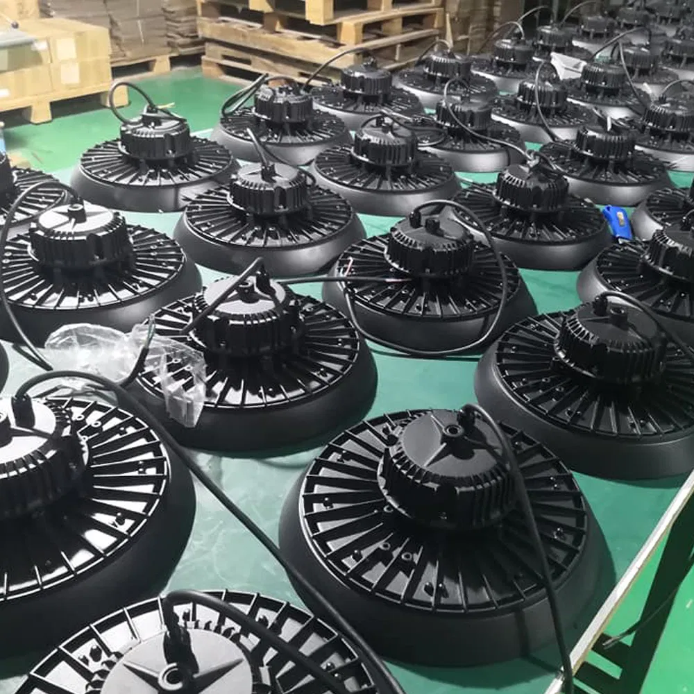 210lm/W Dim Store Gym Sport Court Factory Workshop Sensor Industrial LED Lighting Low Bay Lamp 300W 250W 100W 150W 200W UFO LED High Bay Light