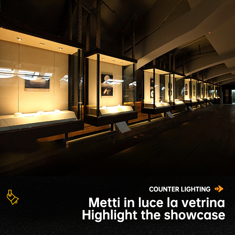 Adjustable Focus Flush Mount LED Cabinet Lights with Customizable Colors and Dimming, Suitable for Jewelry Display Cabinets and Art Display Cabinets