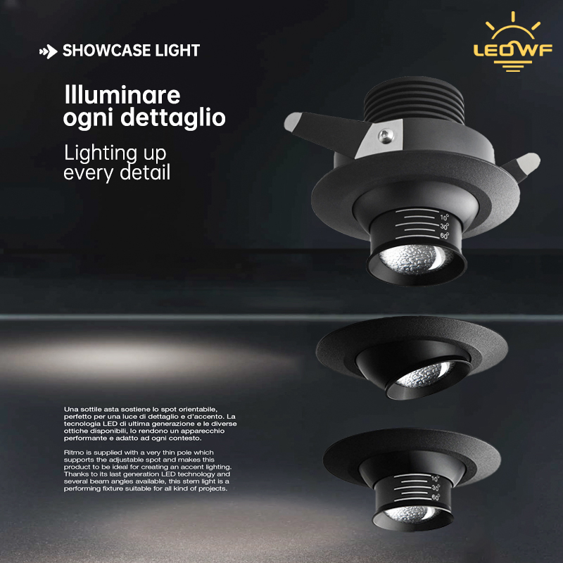 Adjustable Focus Flush Mount LED Cabinet Lights with Customizable Colors and Dimming, Suitable for Jewelry Display Cabinets and Art Display Cabinets